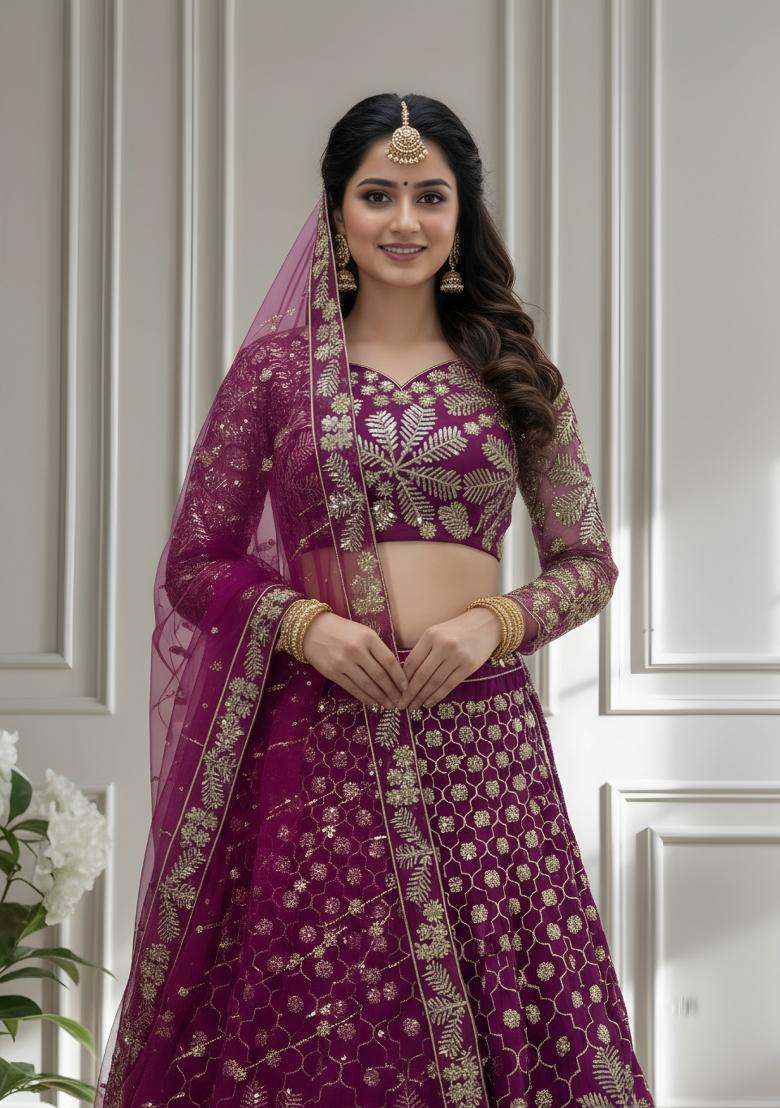 Purple Embroidered Net Lehenga Set - Indya
