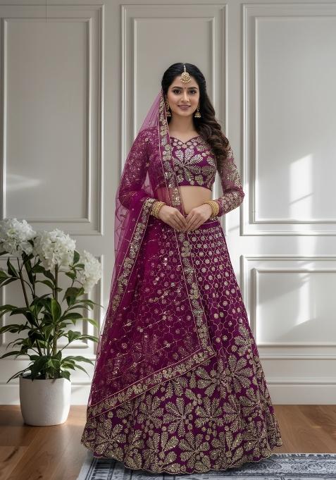 Purple Embroidered Net Lehenga Set