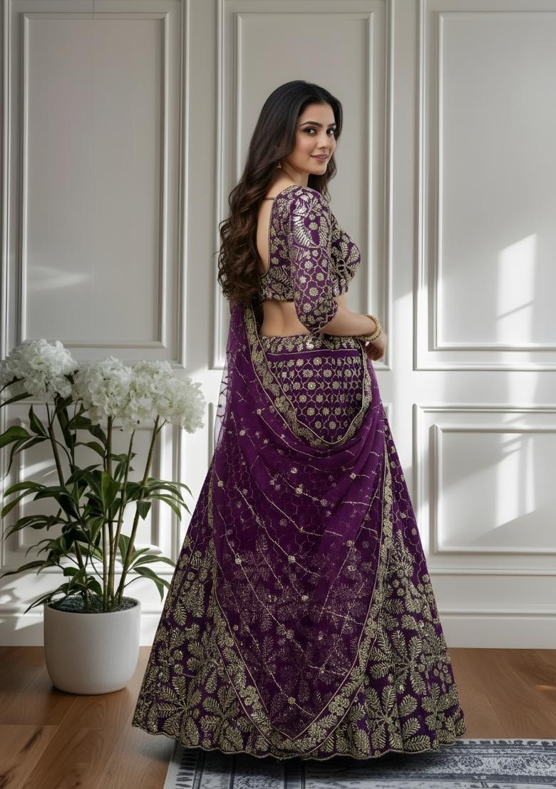 Wine Embroidered Net Lehenga Set - Indya