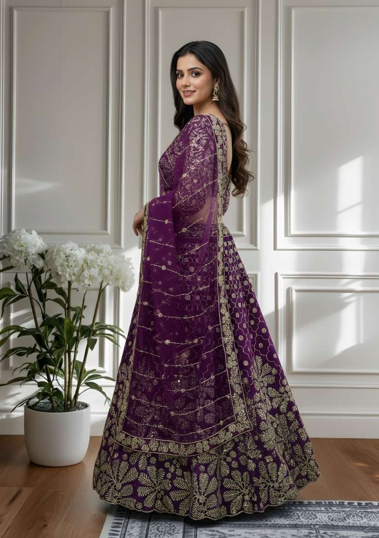 Wine Embroidered Net Lehenga Set for Diwali and Festive Wear - Indya
