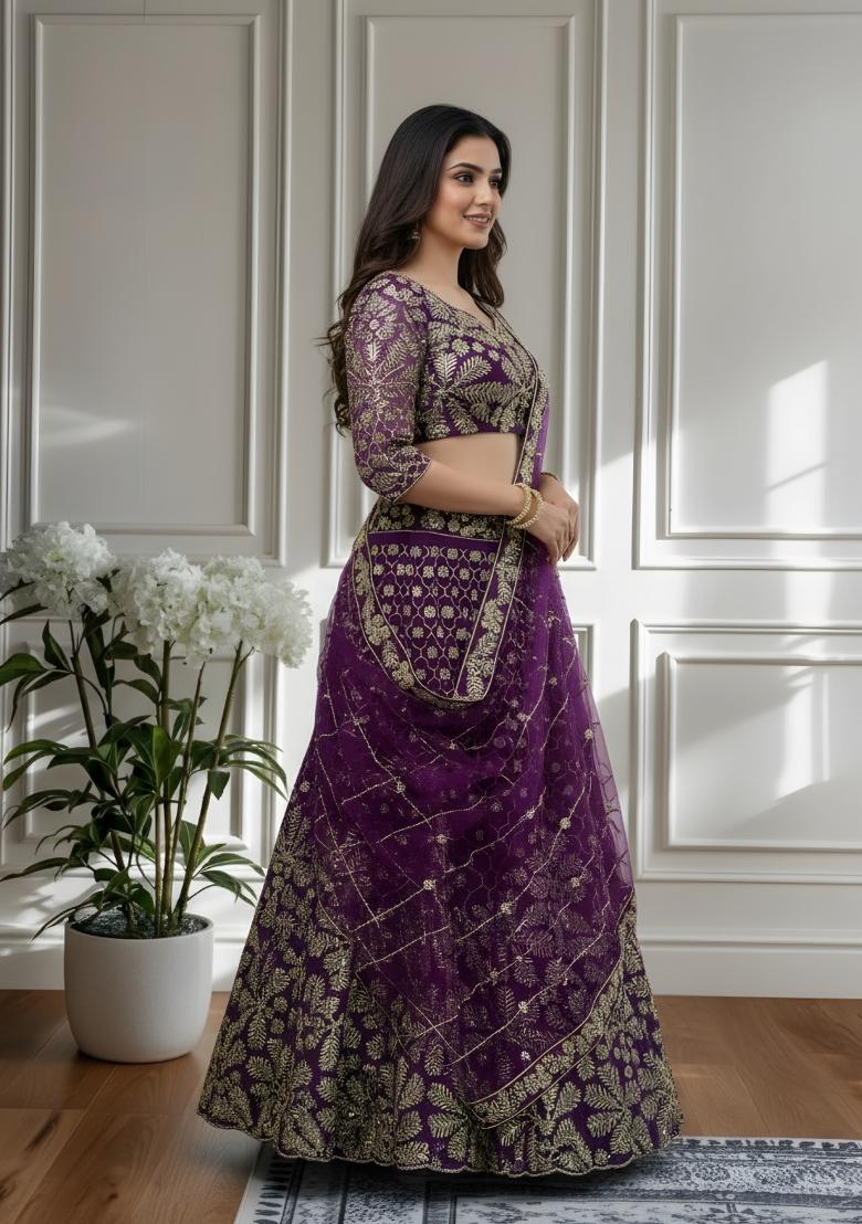 Wine Embroidered Net Lehenga Set - Indya