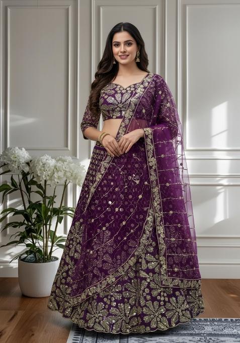 Wine Embroidered Net Lehenga Set