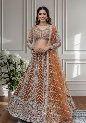 Orange Embroidered Net Lehenga Set