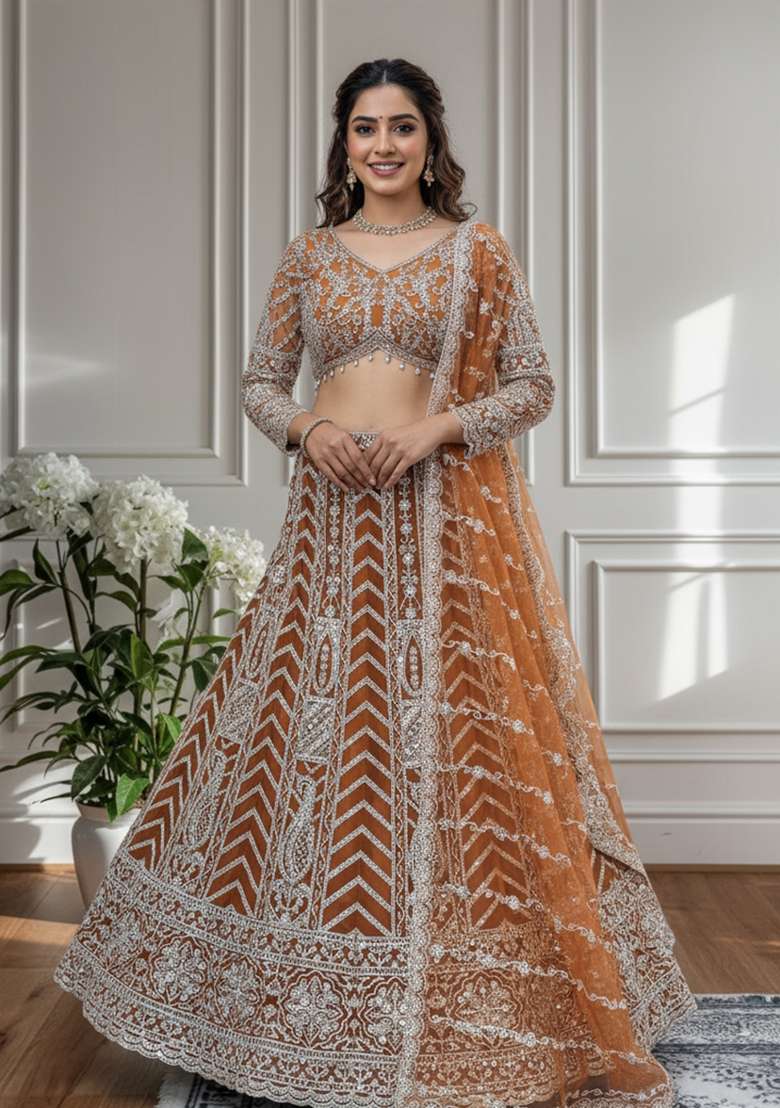 Orange Net Lehenga Set with Embroidered for Diwali | Wedding & Festive Wear - Indya