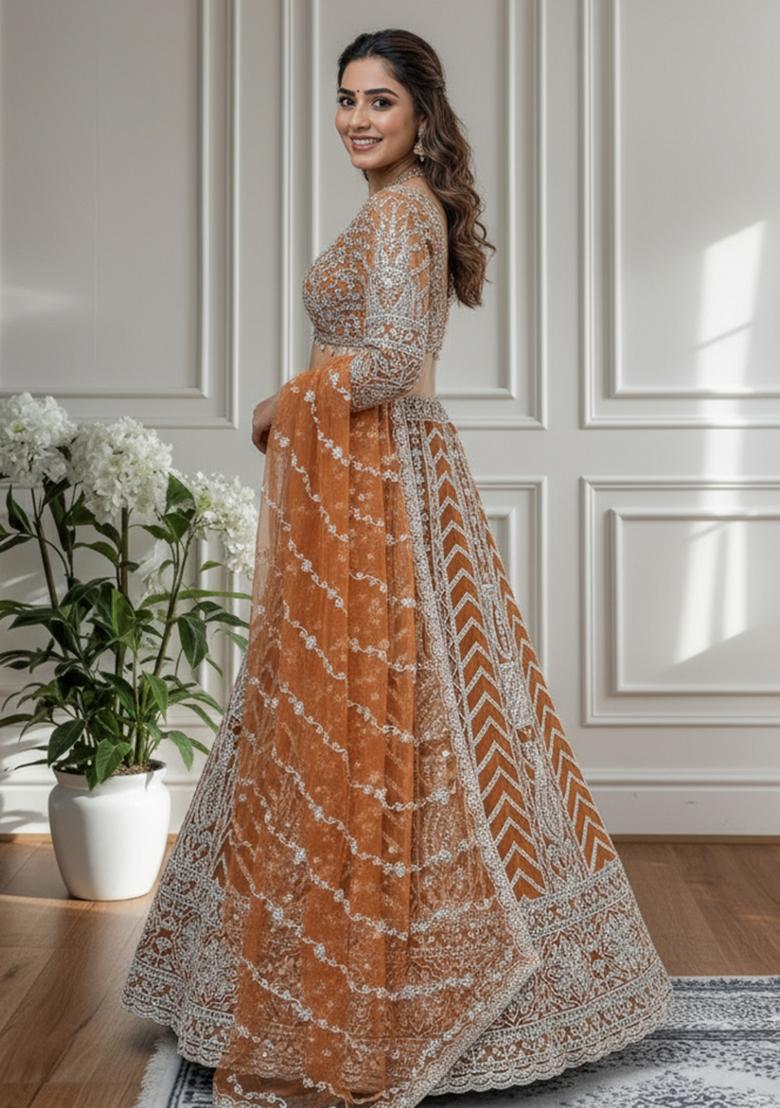 Orange Embroidered Net Lehenga Set - Indya