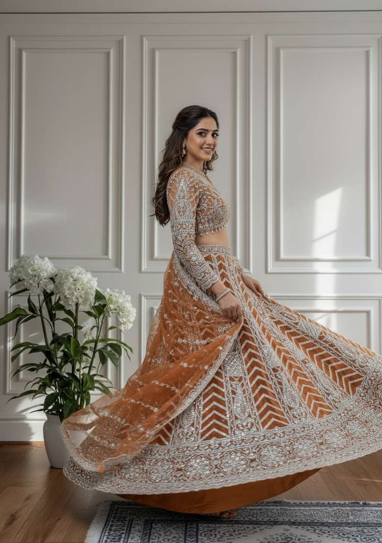 Orange Net Lehenga Set with Embroidered for Diwali | Wedding & Festive Wear - Indya
