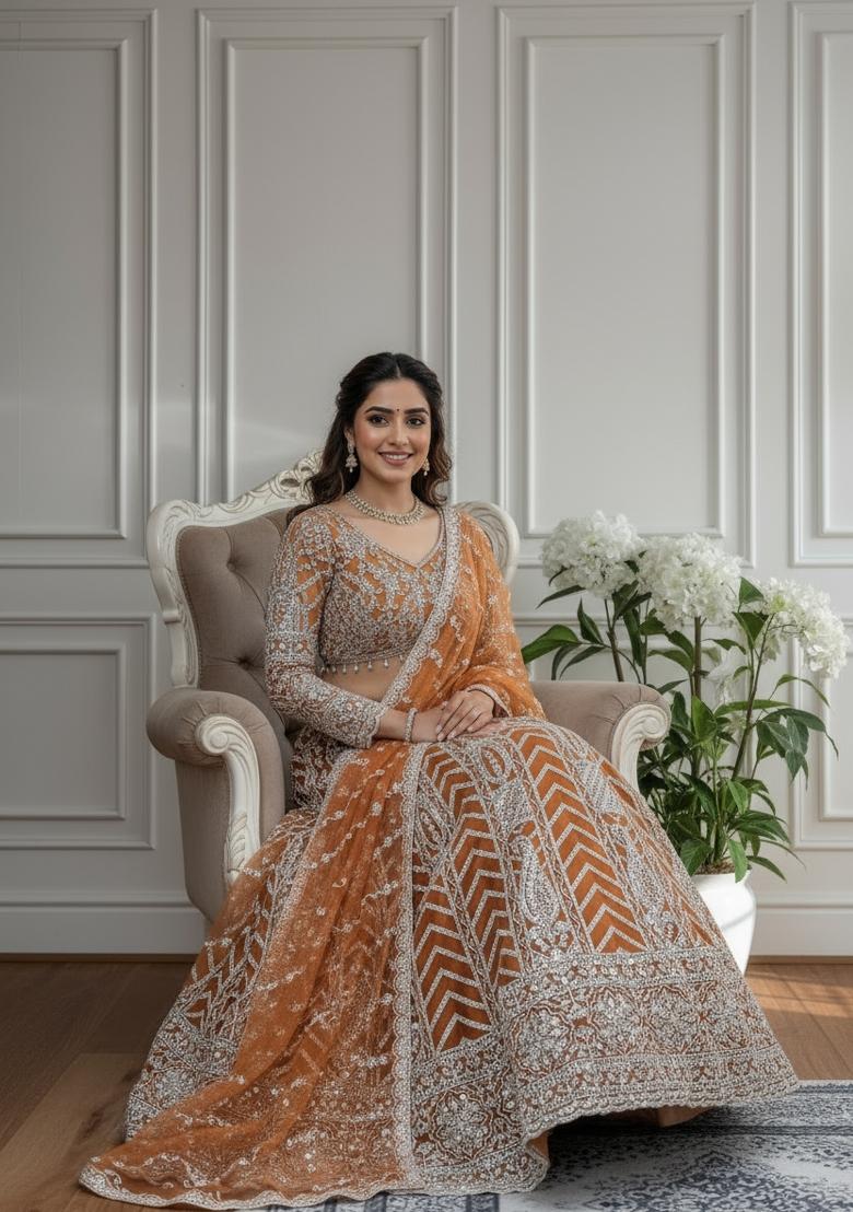Orange Embroidered Net Lehenga Set - Indya