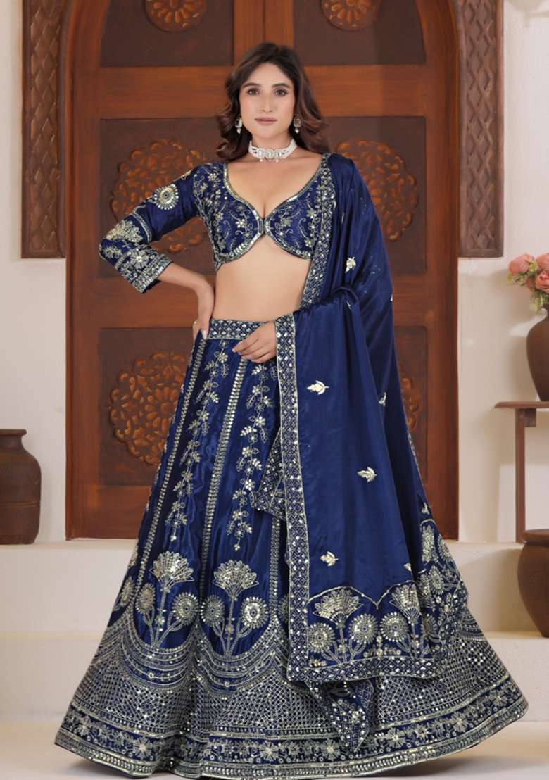 Blue Silk Lehenga Set with Embroidered for Diwali | Wedding & Festive Wear - Indya