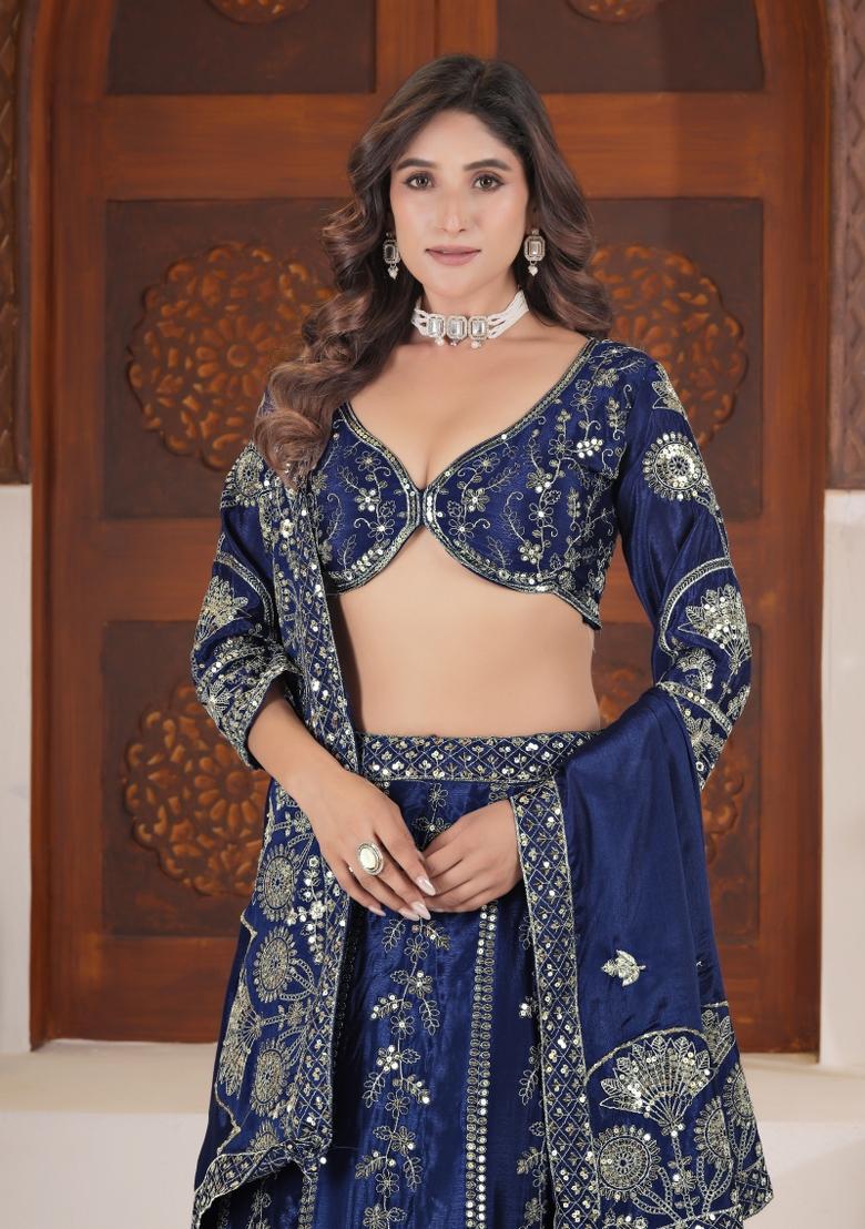 Blue Embroidered Silk Lehenga Set - Indya