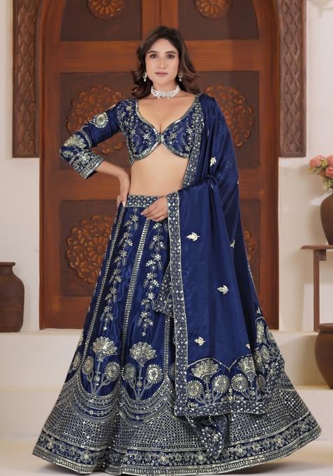 Blue Embroidered Silk Lehenga Set