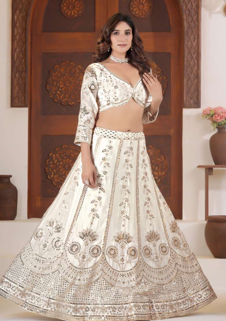 White Embroidered Silk Lehenga Set for Diwali and Festive Wear - Indya