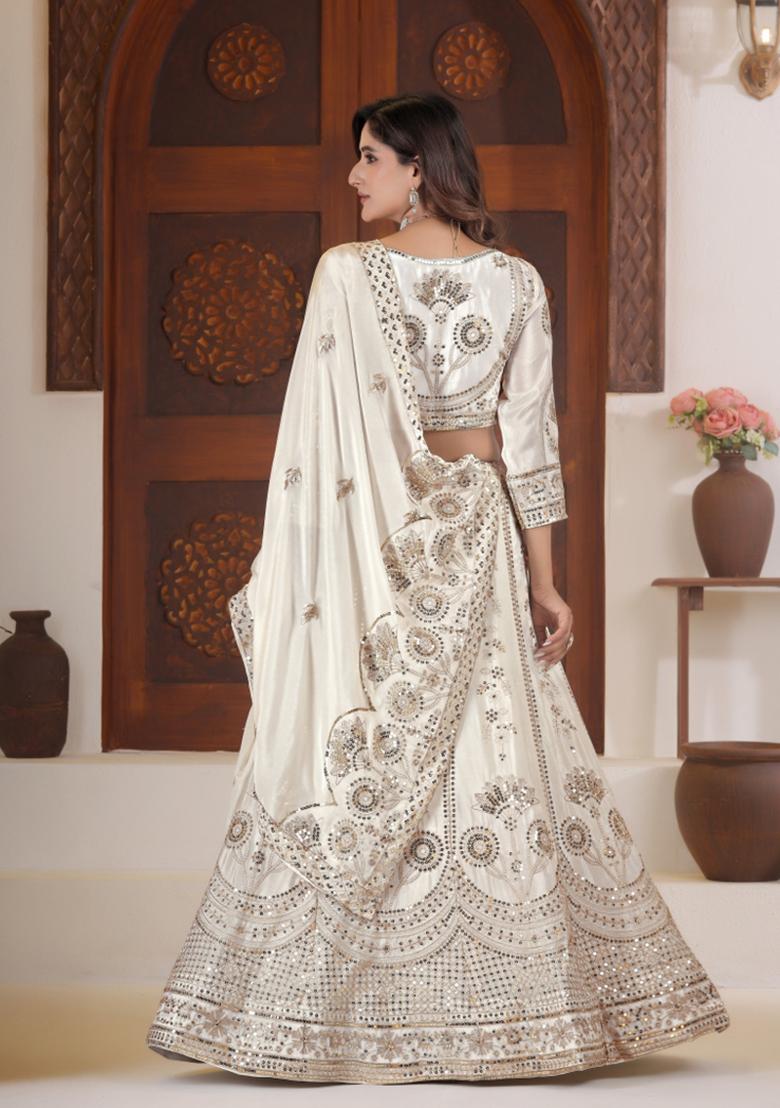 White Embroidered Silk Lehenga Set - Indya