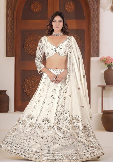 White Embroidered Silk Lehenga Set