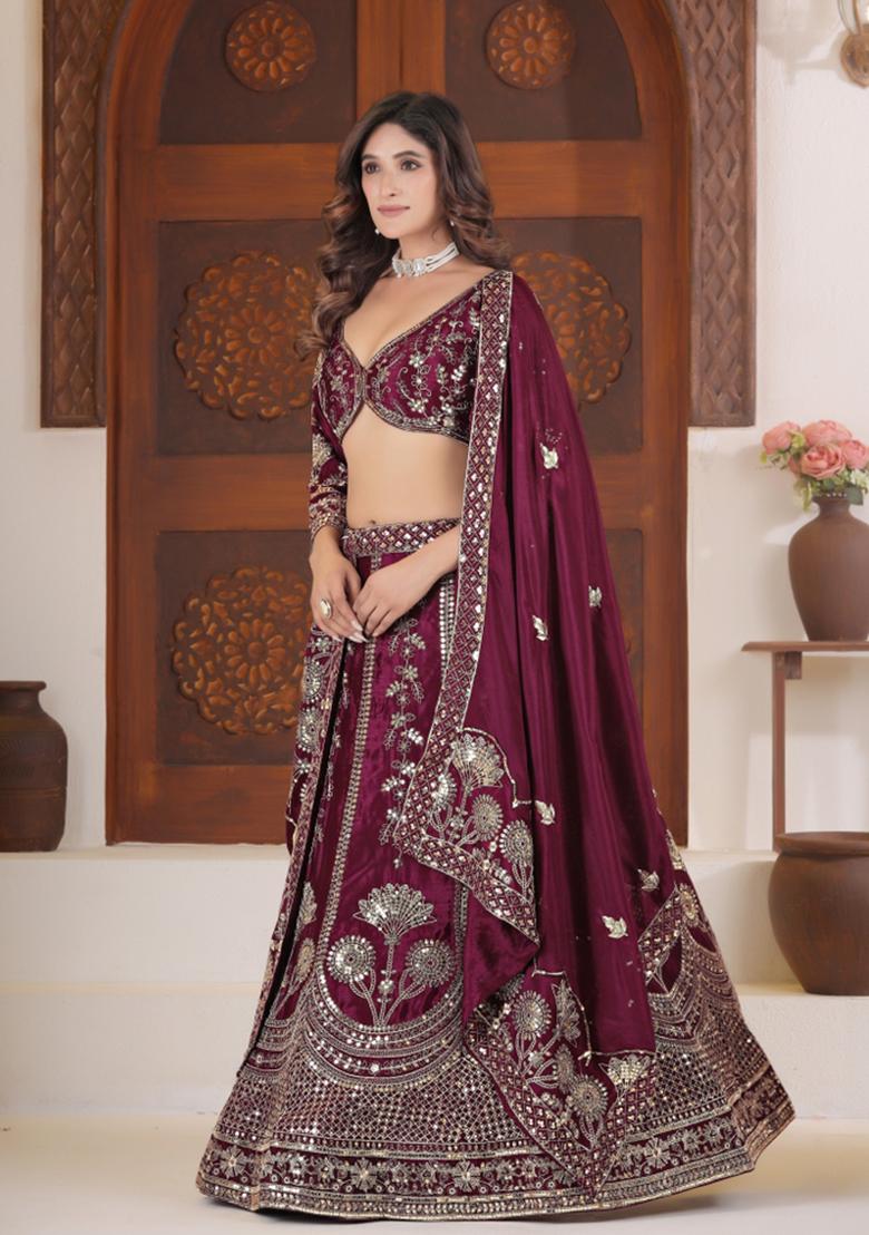 Wine Embroidered Silk Lehenga Set - Indya
