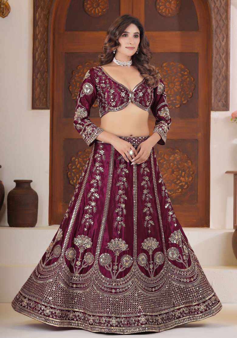 Wine Embroidered Silk Lehenga Set for Diwali and Festive Wear - Indya