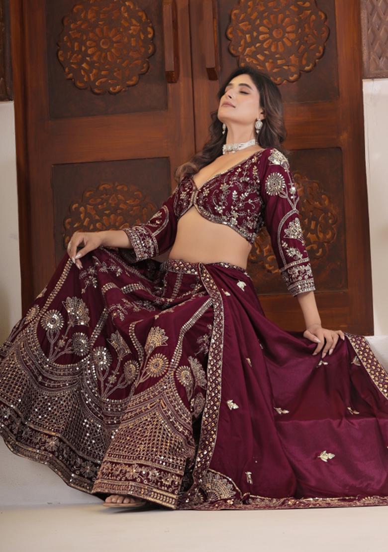 Wine Embroidered Silk Lehenga Set - Indya