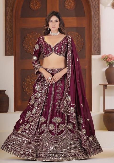 Wine Embroidered Silk Lehenga Set