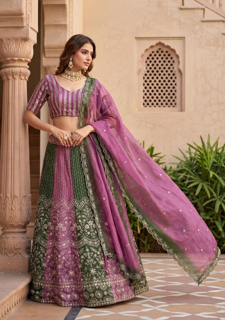 Multicolor Embroidered Chinon Lehenga Set - Indya