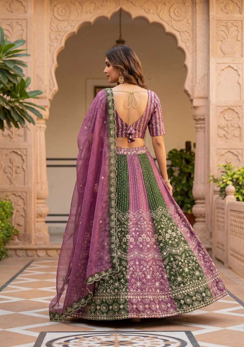 Multicolor Embroidered Chinon Lehenga Set - Indya