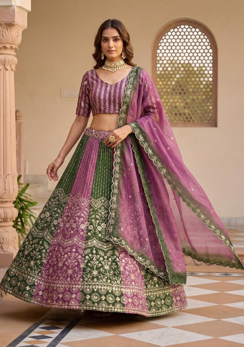 Multicolor Embroidered Chinon Lehenga Set - Indya