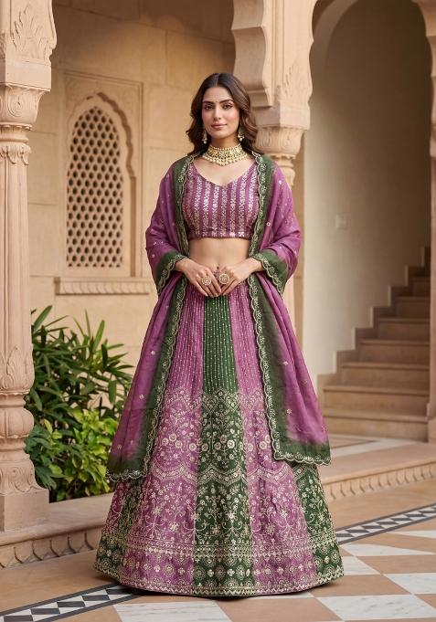 Multicolor Embroidered Chinon Lehenga Set