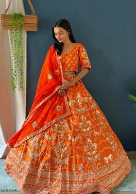 Orange Embroidered Silk Lehenga Set