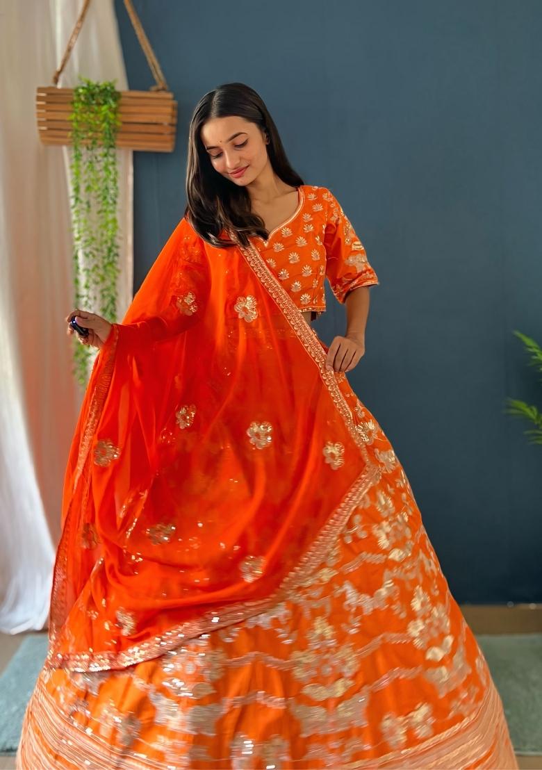 Orange Embroidered Silk Lehenga Set - Indya