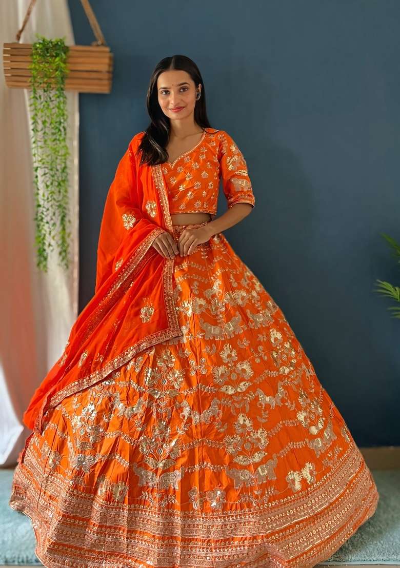 Orange Embroidered Silk Lehenga Set - Indya