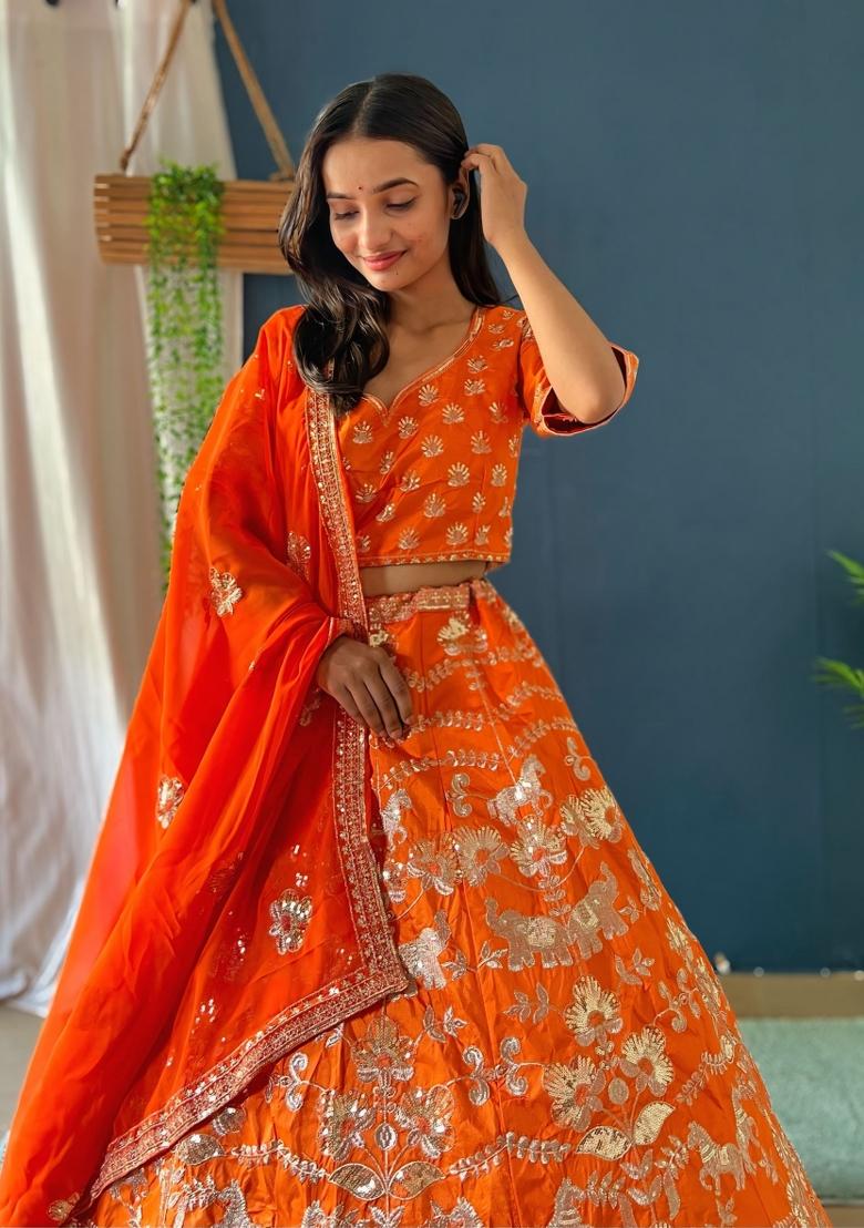 Orange Embroidered Silk Lehenga Set - Indya