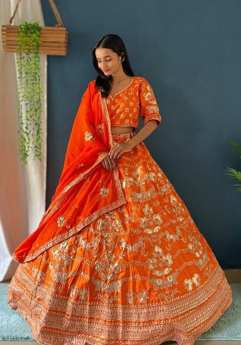 Orange Embroidered Silk Lehenga Set