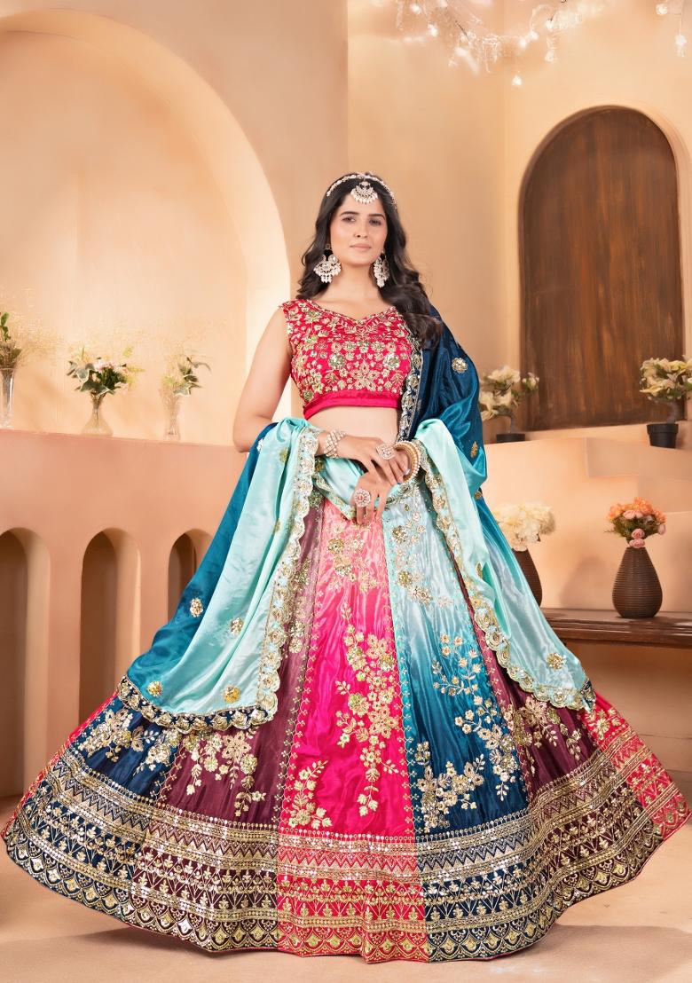 Multicolor Embroidered Chinon Lehenga Set - Indya