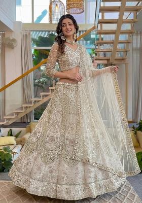 Beige Embroidered Net Lehenga Set