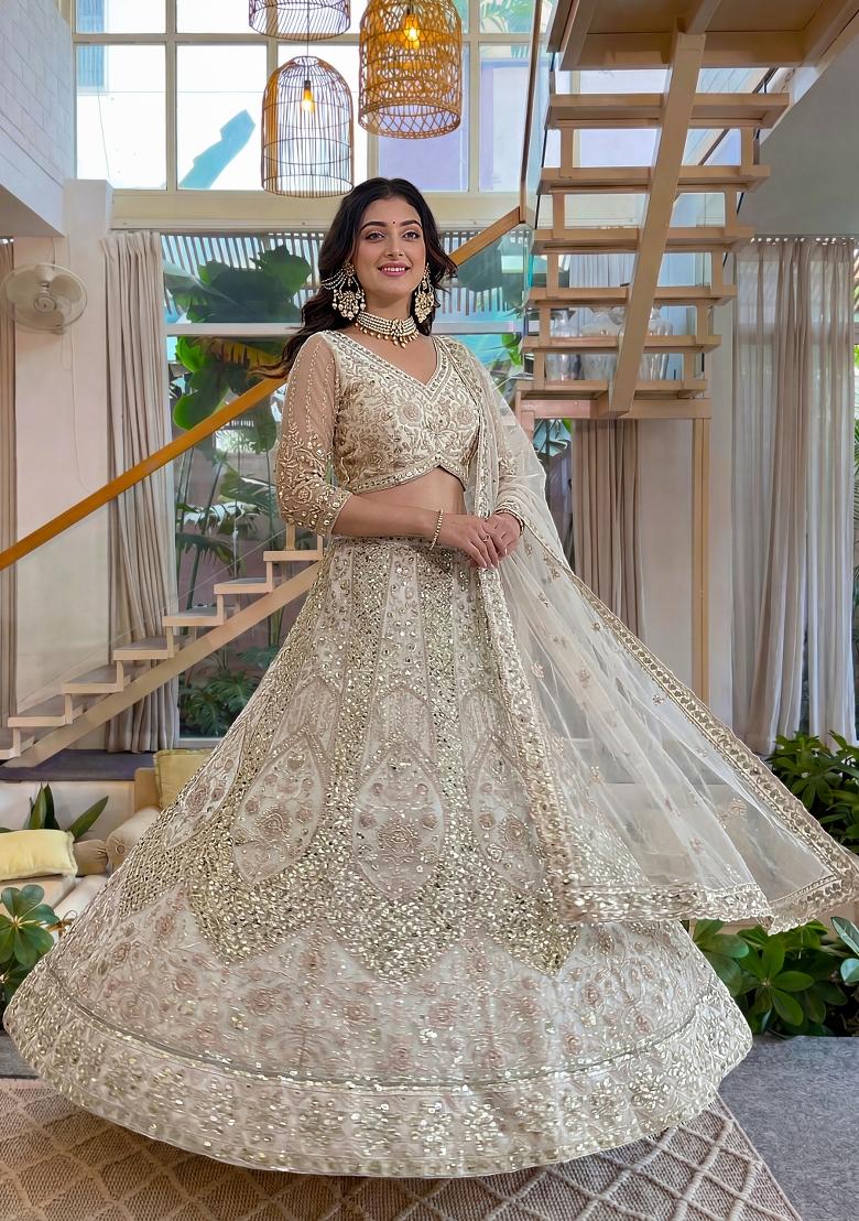 Beige Embroidered Net Lehenga Set - Indya