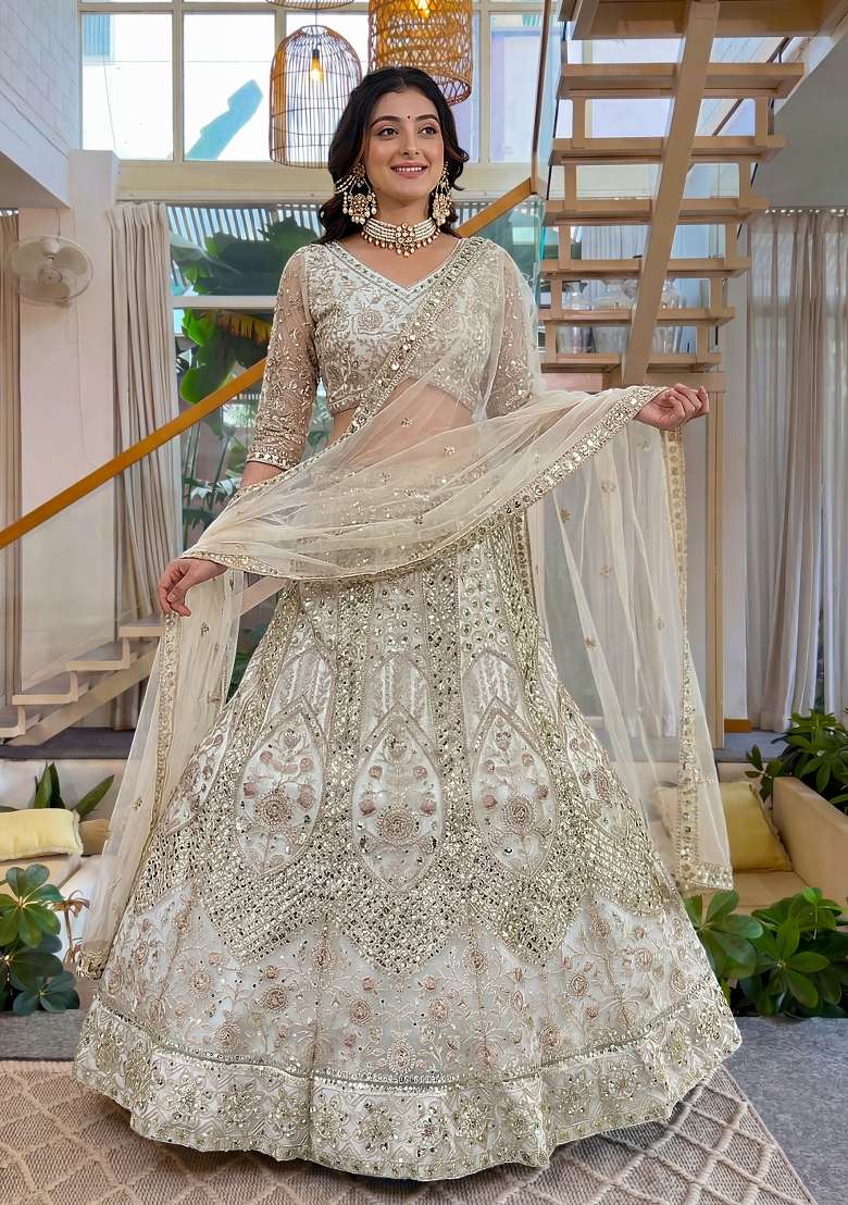 Beige Embroidered Net Lehenga Set for Diwali and Festive Wear - Indya