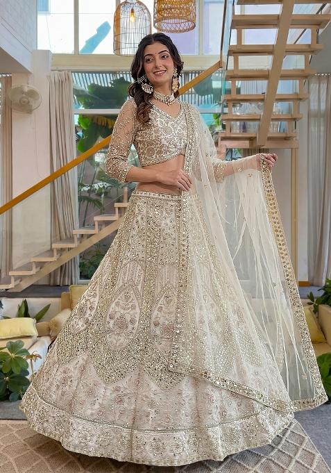 Beige Embroidered Net Lehenga Set