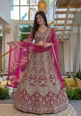 Pink Embroidered Net Lehenga Set
