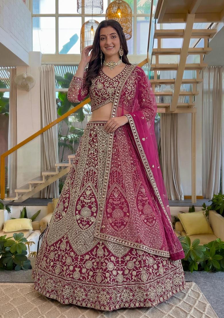 Pink Embroidered Net Lehenga Set - Indya