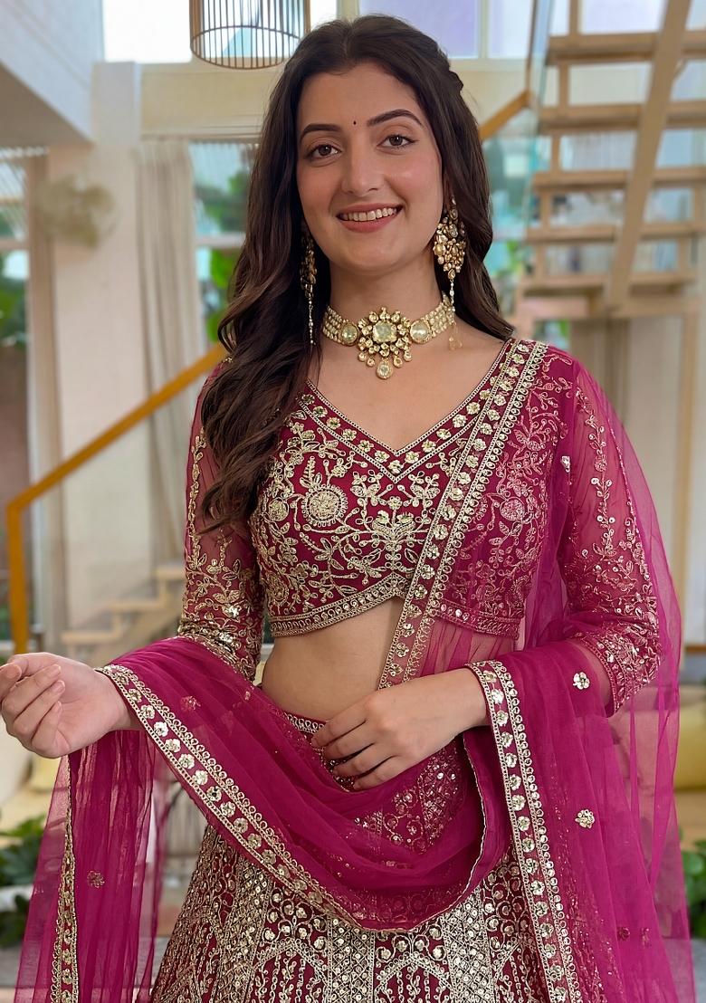 Pink Embroidered Net Lehenga Set - Indya