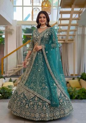 Green Embroidered Net Lehenga Set