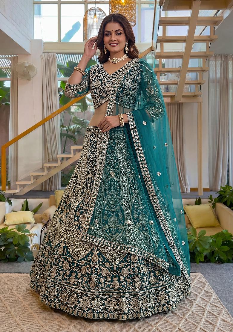 Green Embroidered Net Lehenga Set - Indya