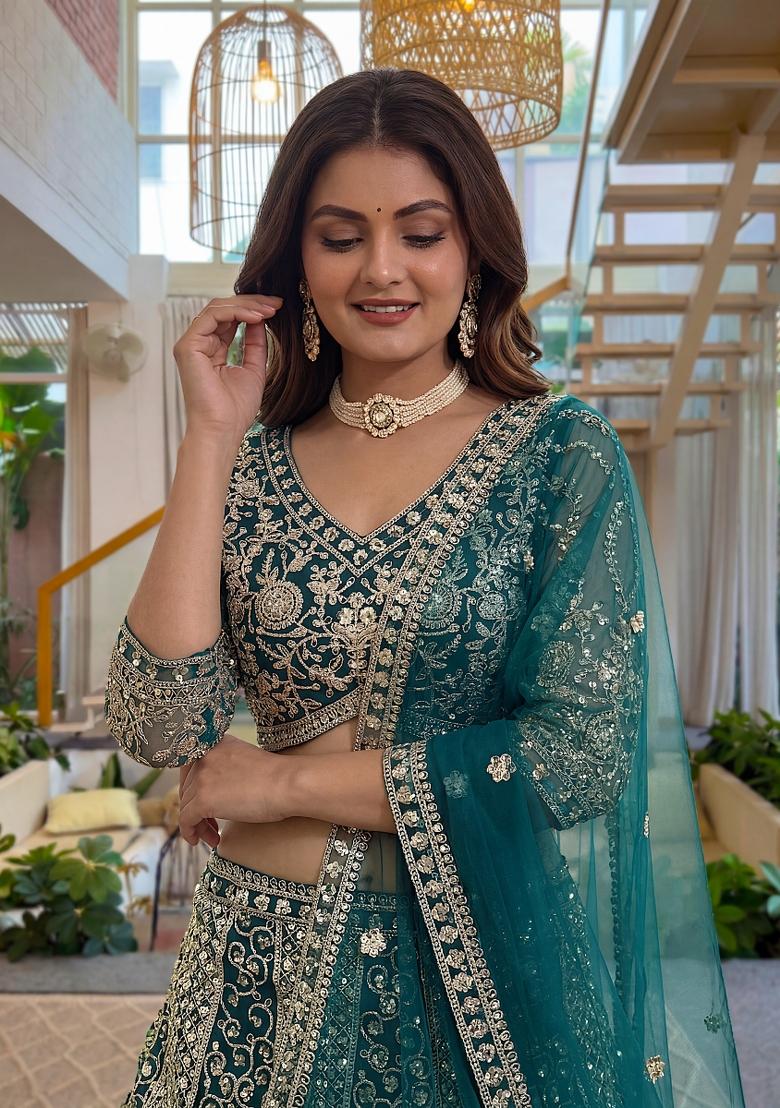 Green Embroidered Net Lehenga Set - Indya
