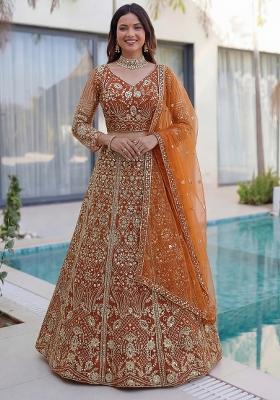 Orange Embroidered Net Lehenga Set