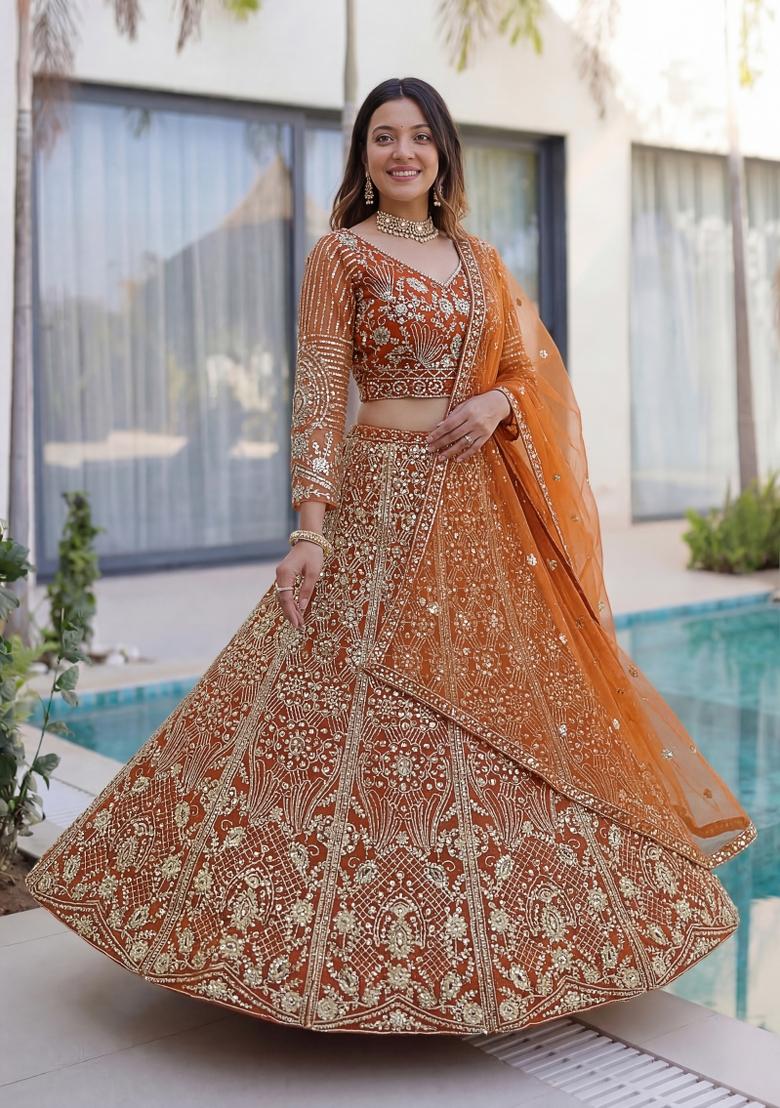 Orange Embroidered Net Lehenga Set - Indya