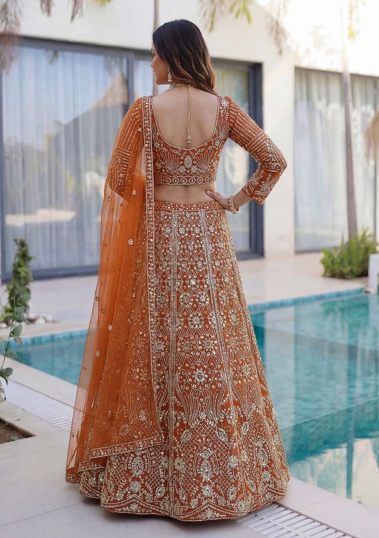 Orange Embroidered Net Lehenga Set for Diwali and Festive Wear - Indya