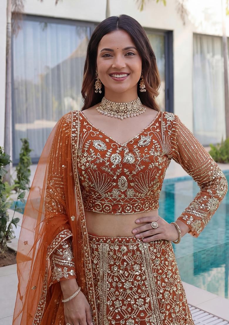 Orange Embroidered Net Lehenga Set - Indya