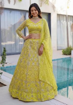 Yellow Embroidered Net Lehenga Set