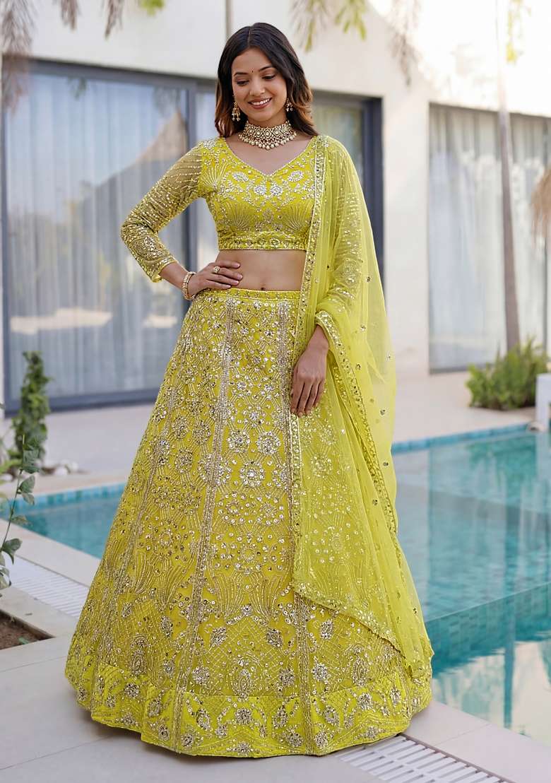 Yellow Embroidered Net Lehenga Set for Diwali and Festive Wear - Indya