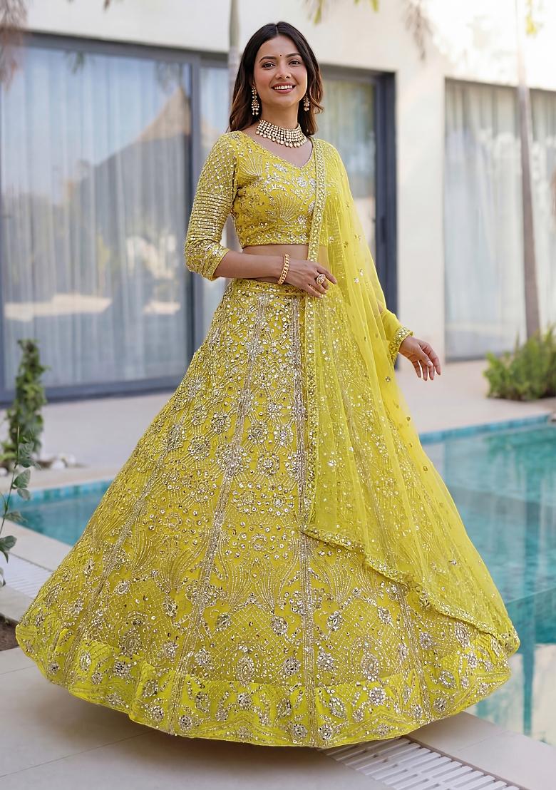 Yellow Embroidered Net Lehenga Set - Indya