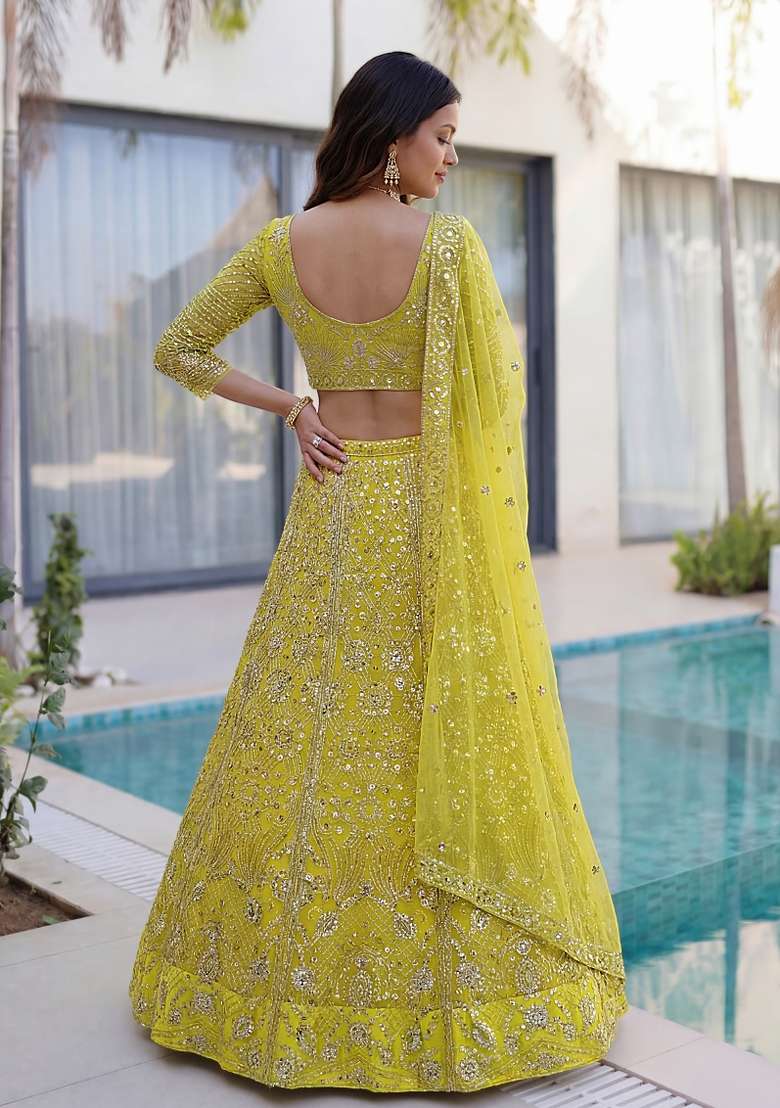 Yellow Embroidered Net Lehenga Set for Diwali and Festive Wear - Indya