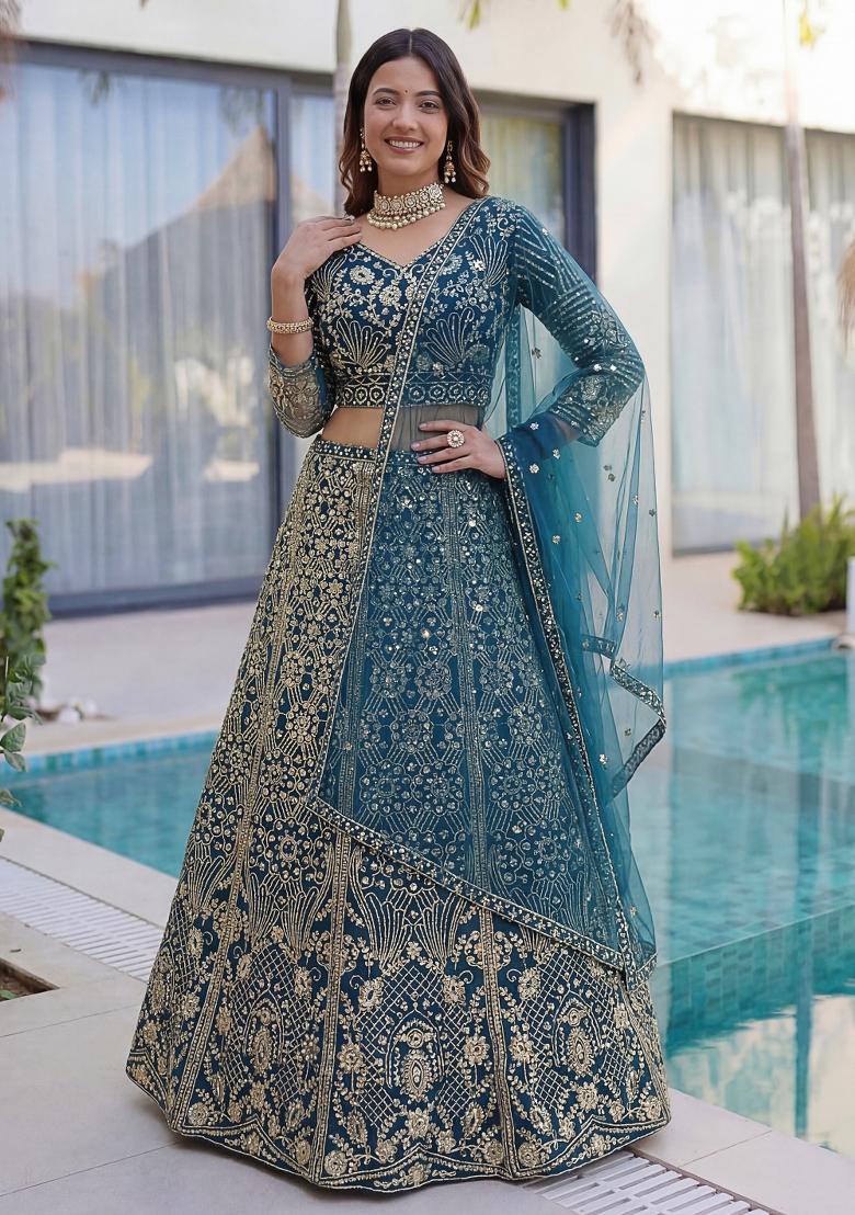 Teal Blue Embroidered Net Lehenga Set - Indya